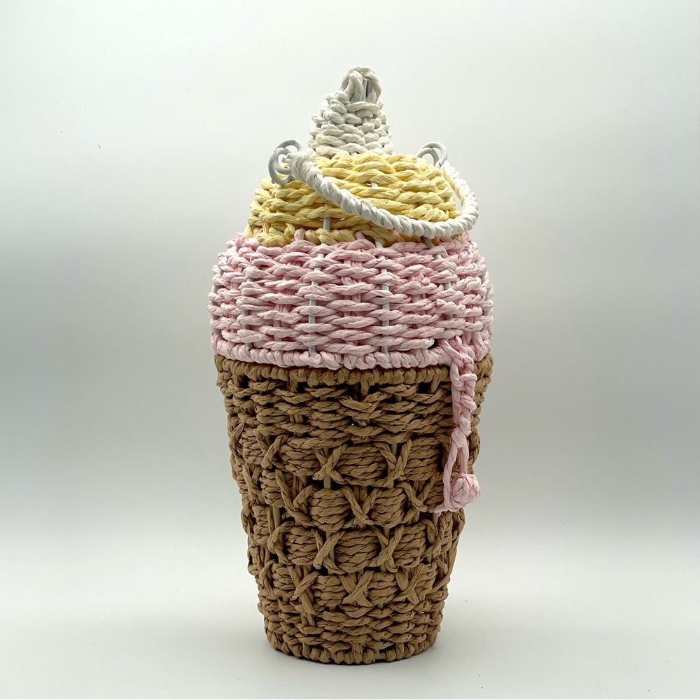 Woven Viral Ice Cream Cone Pink Yellow Basket Purse Handbag NO CHAIN